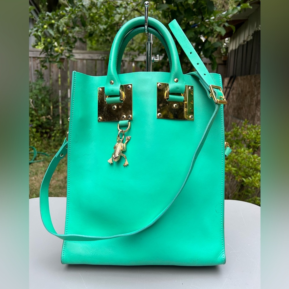 Sophie Hulme Leather Buckled Tote with Frog Charm Flouro Green